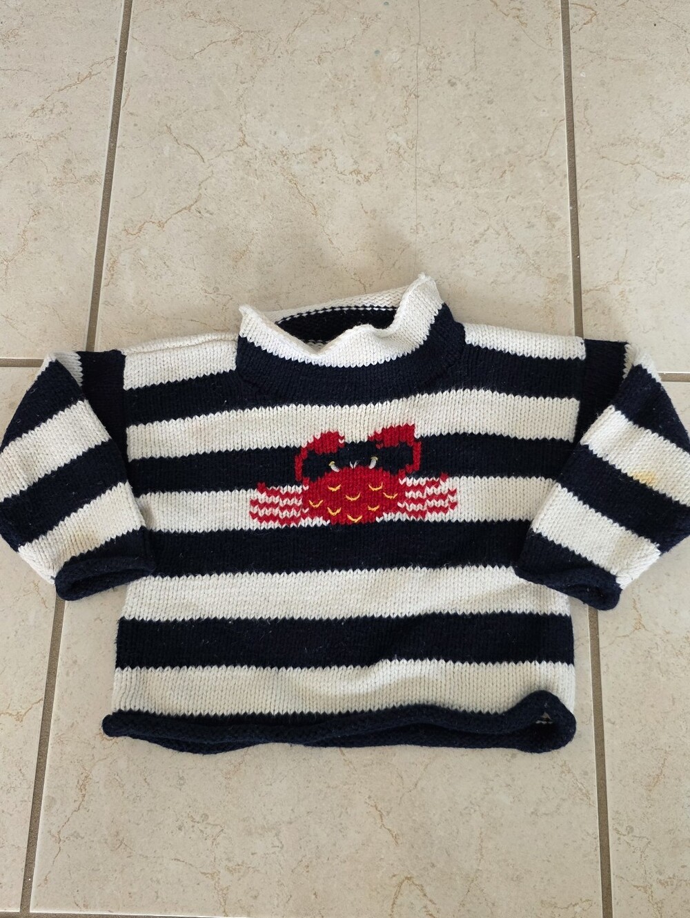 Baby Striped Navy & White Sweater with Red Crab Detail